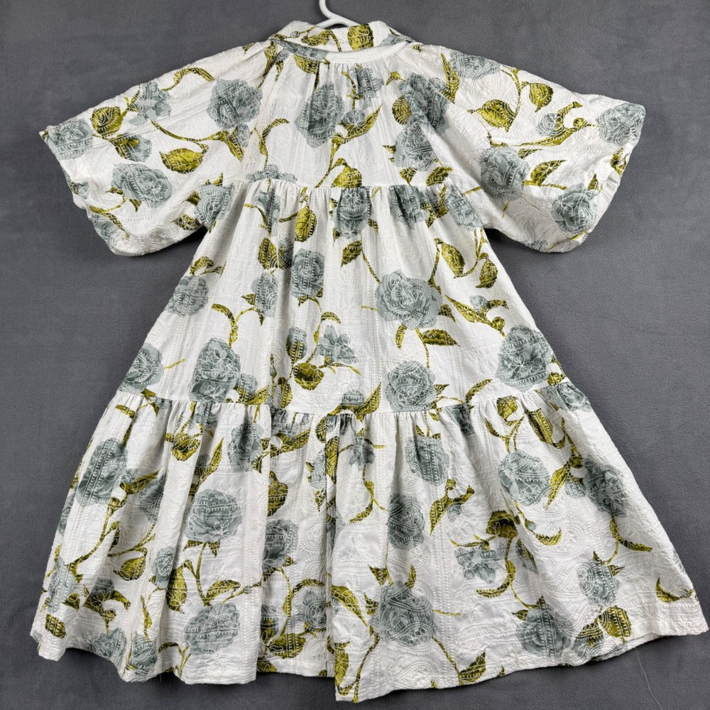 En Saison Floral Tiered Mini Dress White Green Puff Sleeve Eyelet XS IES2993D - Picture 7 of 8